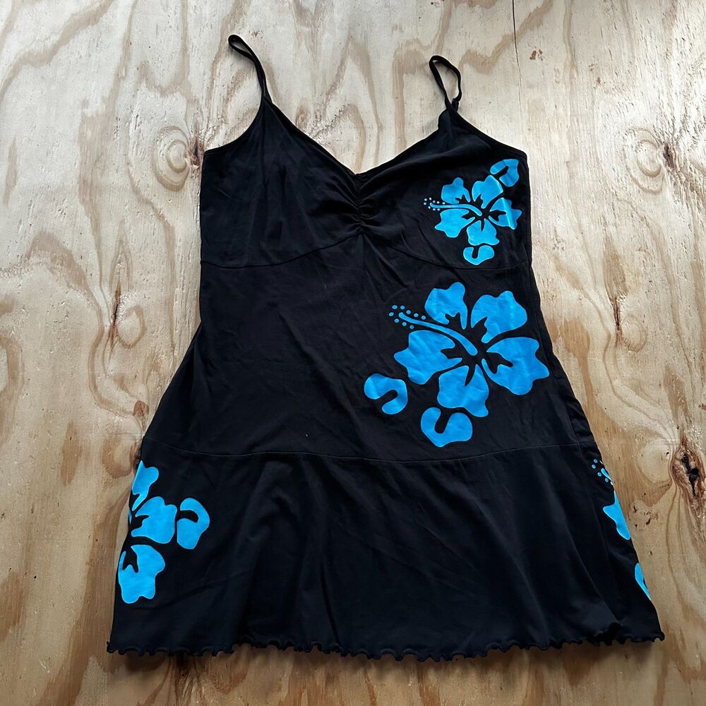 Venus Tropical Blue Hibiscus Lettuce Hem Slip Dress - Large